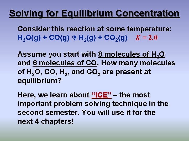 Solving for Equilibrium Concentration Consider this reaction at some temperature: H 2 O(g) +