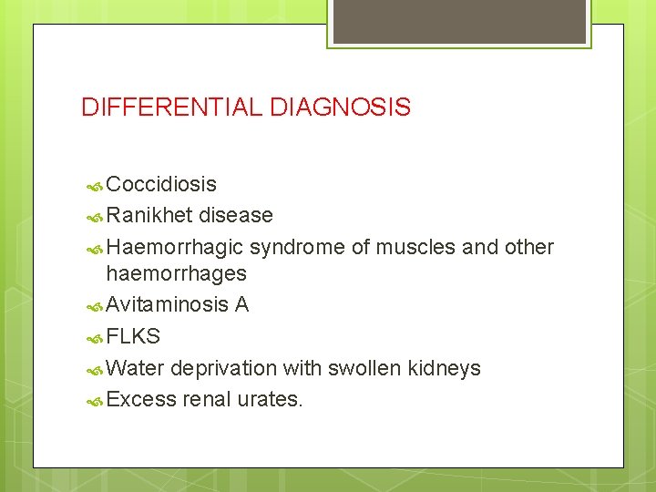 DIFFERENTIAL DIAGNOSIS Coccidiosis Ranikhet disease Haemorrhagic syndrome of muscles and other haemorrhages Avitaminosis A