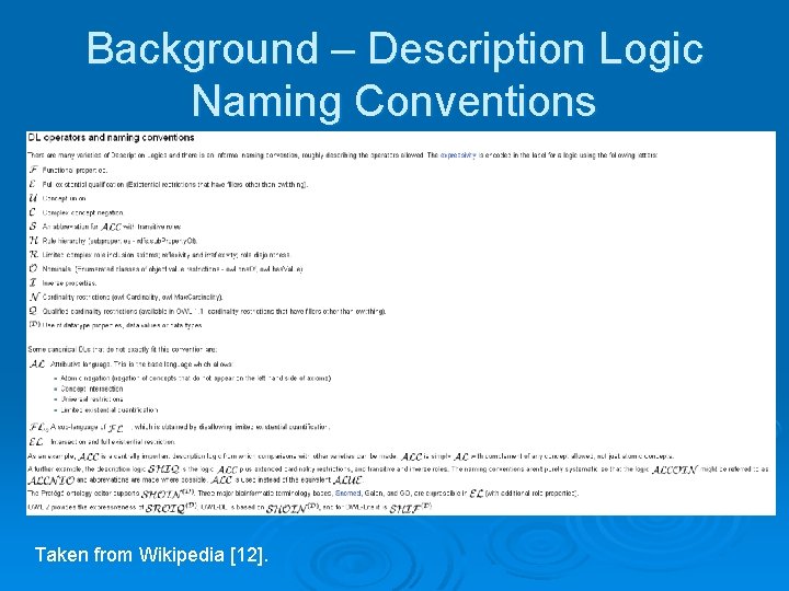 Background – Description Logic Naming Conventions Taken from Wikipedia [12]. 