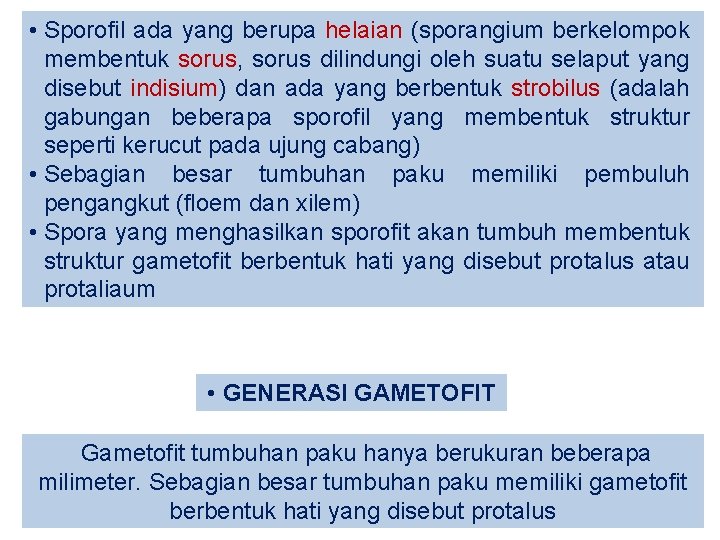  • Sporofil ada yang berupa helaian (sporangium berkelompok membentuk sorus, sorus dilindungi oleh