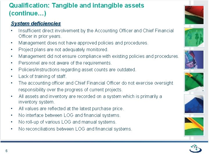Qualification: Tangible and intangible assets (continue…) System deficiencies • • • • 6 Insufficient