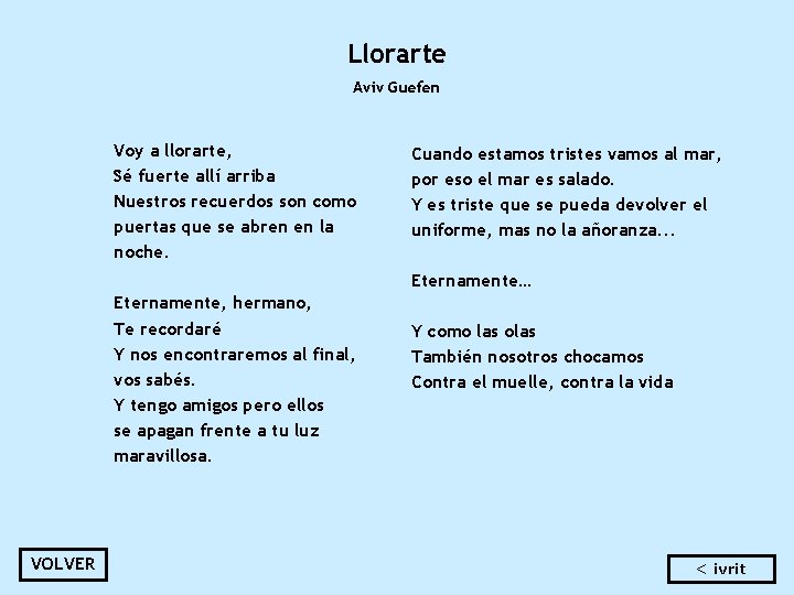 Llorarte Aviv Guefen Voy a llorarte, Sé fuerte allí arriba Nuestros recuerdos son como