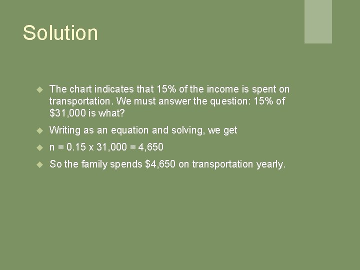 Solution The chart indicates that 15% of the income is spent on transportation. We Solution The chart indicates that 15% of the income is spent on transportation. We
