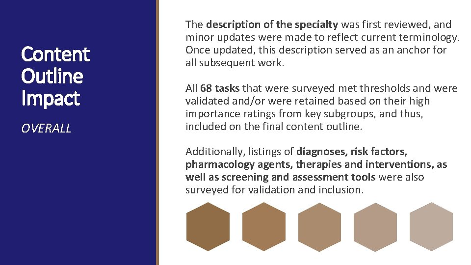 Content Outline Impact OVERALL The description of the specialty was first reviewed, and minor