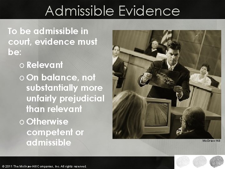 Admissible Evidence To be admissible in court, evidence must be: o Relevant o On