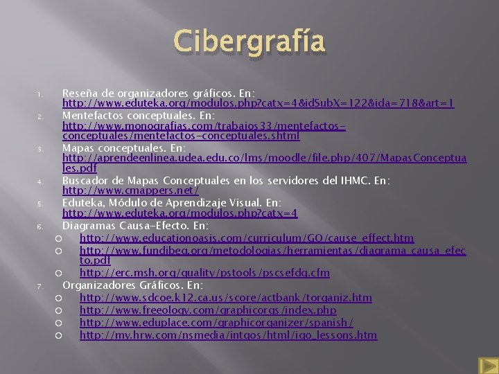 Cibergrafía 1. 2. 3. 4. 5. 6. 7. Reseña de organizadores gráficos. En: http: