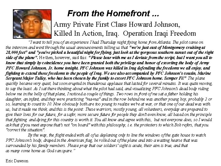 From the Homefront. . . Army Private First Class Howard Johnson, Killed In Action,