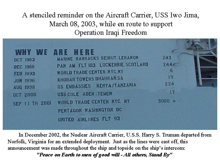A stenciled reminder on the Aircraft Carrier, USS Iwo Jima, March 08, 2003, while
