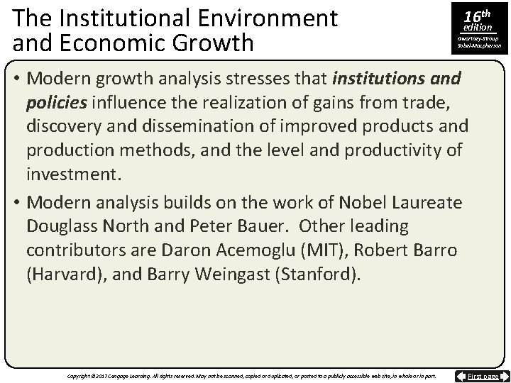 The Institutional Environment and Economic Growth 16 th edition Gwartney-Stroup Sobel-Macpherson • Modern growth