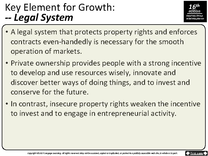 Key Element for Growth: -- Legal System 16 th edition Gwartney-Stroup Sobel-Macpherson • A