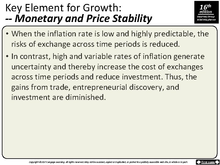 Key Element for Growth: -- Monetary and Price Stability 16 th edition Gwartney-Stroup Sobel-Macpherson