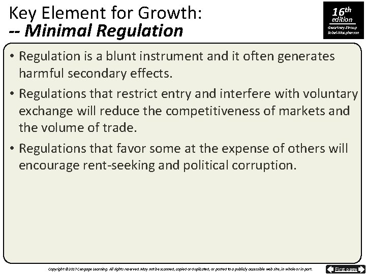 Key Element for Growth: -- Minimal Regulation 16 th edition Gwartney-Stroup Sobel-Macpherson • Regulation