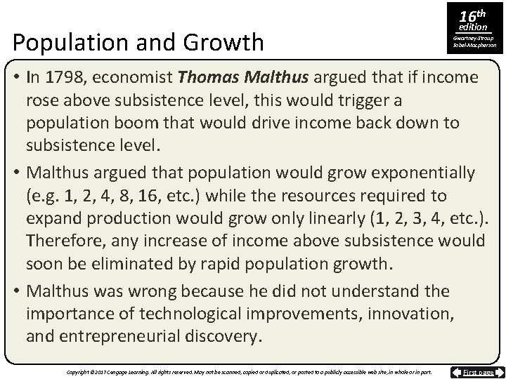 Population and Growth 16 th edition Gwartney-Stroup Sobel-Macpherson • In 1798, economist Thomas Malthus