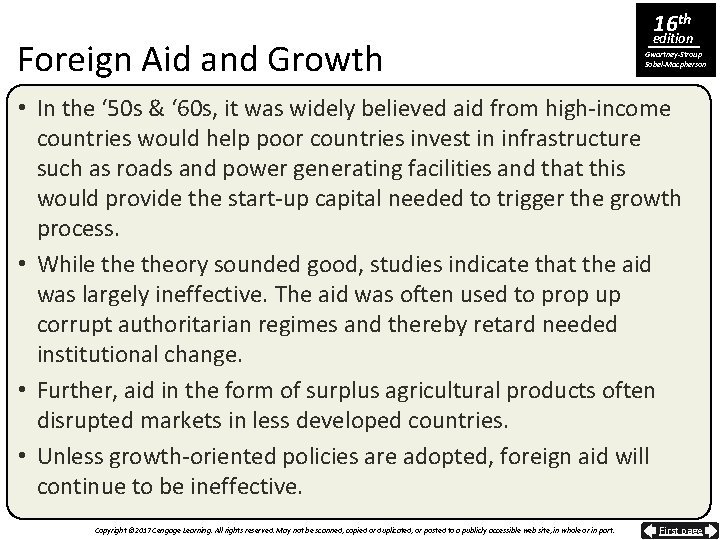 Foreign Aid and Growth 16 th edition Gwartney-Stroup Sobel-Macpherson • In the ‘ 50