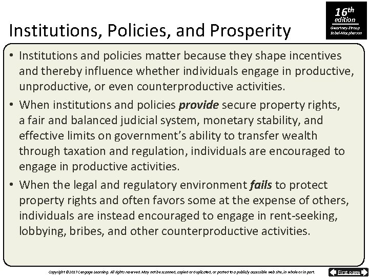 Institutions, Policies, and Prosperity 16 th edition Gwartney-Stroup Sobel-Macpherson • Institutions and policies matter