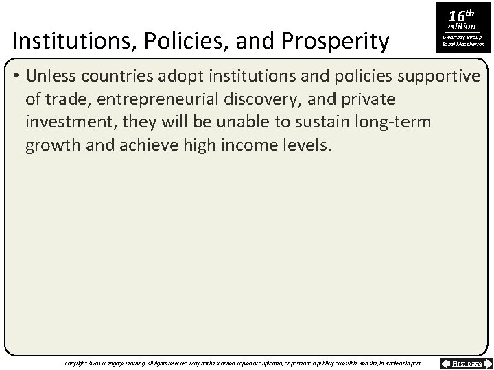 Institutions, Policies, and Prosperity 16 th edition Gwartney-Stroup Sobel-Macpherson • Unless countries adopt institutions