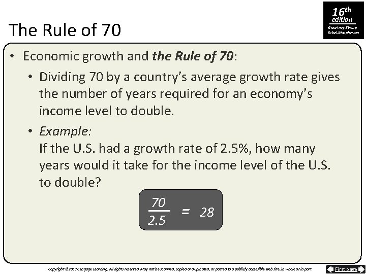 The Rule of 70 16 th edition Gwartney-Stroup Sobel-Macpherson • Economic growth and the