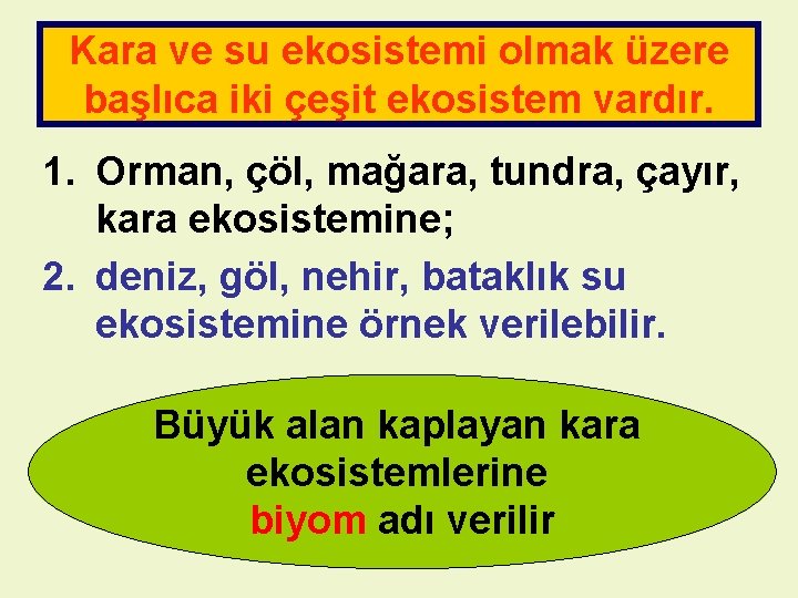 Kara ve su ekosistemi olmak üzere başlıca iki çeşit ekosistem vardır. 1. Orman, çöl,