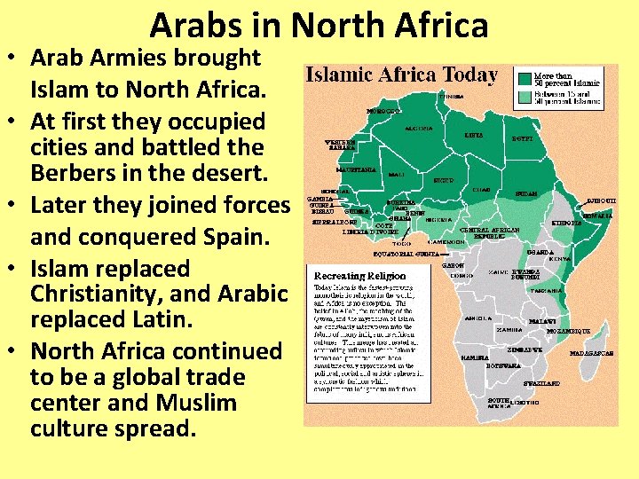 Arabs in North Africa • Arab Armies brought Islam to North Africa. • At