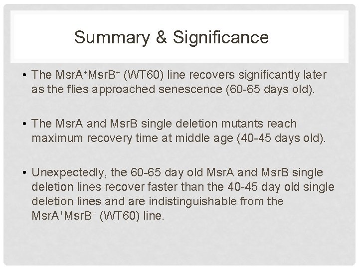 Summary & Significance • The Msr. A+Msr. B+ (WT 60) line recovers significantly later