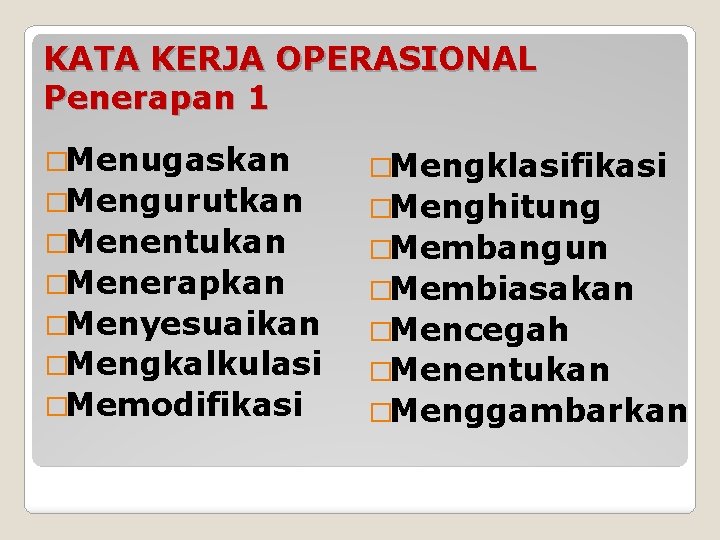 KATA KERJA OPERASIONAL Penerapan 1 �Menugaskan �Mengurutkan �Menentukan �Menerapkan �Menyesuaikan �Mengkalkulasi �Memodifikasi �Mengklasifikasi �Menghitung