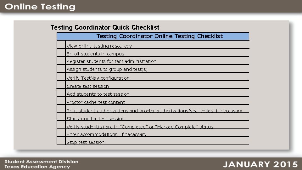 Testing Coordinator Quick Checklist Testing Coordinator Online Testing Checklist View online testing resources Enroll