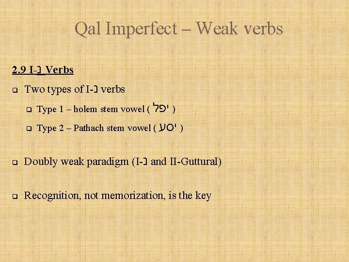 Qal Imperfect – Weak verbs 2. 9 I- נ Verbs q Two types of