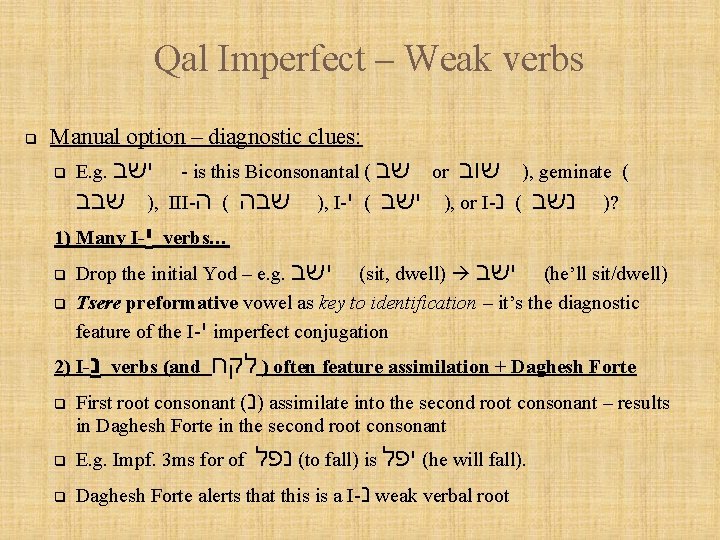 Qal Imperfect – Weak verbs q Manual option – diagnostic clues: q E. g.
