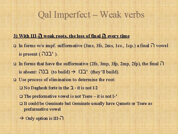 Qal Imperfect – Weak verbs 3) With III- ה weak roots, the loss of