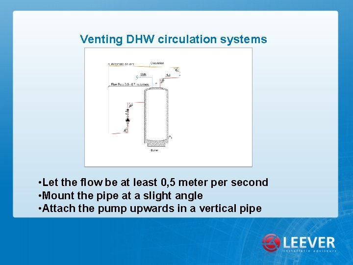 Venting DHW circulation systems • Let the flow be at least 0, 5 meter