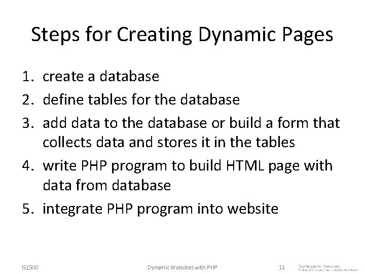 Steps for Creating Dynamic Pages 1. create a database 2. define tables for the Steps for Creating Dynamic Pages 1. create a database 2. define tables for the