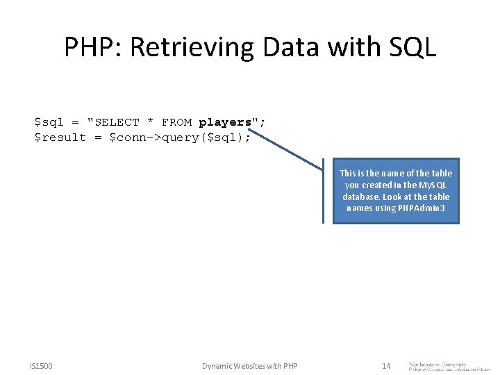 PHP: Retrieving Data with SQL $sql = "SELECT * FROM players"; $result = $conn->query($sql); PHP: Retrieving Data with SQL $sql = "SELECT * FROM players"; $result = $conn->query($sql);