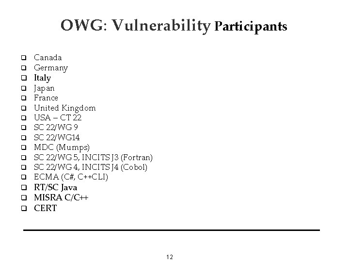 OWG: Vulnerability Participants q q q q Canada Germany Italy Japan France United Kingdom