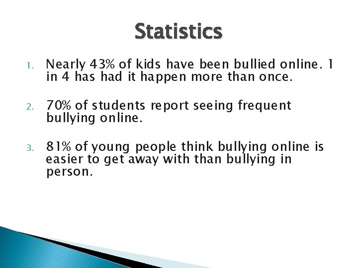 Statistics 1. Nearly 43% of kids have been bullied online. 1 in 4 has