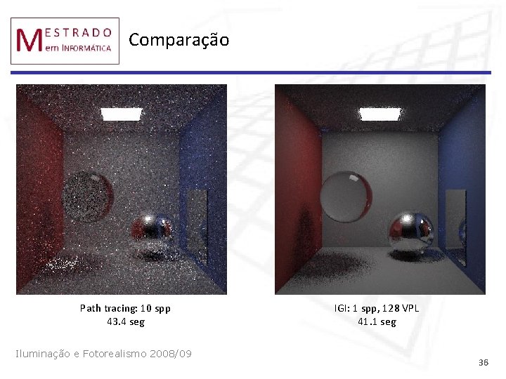 Comparação Path tracing: 10 spp 43. 4 seg Iluminação e Fotorealismo 2008/09 IGI: 1