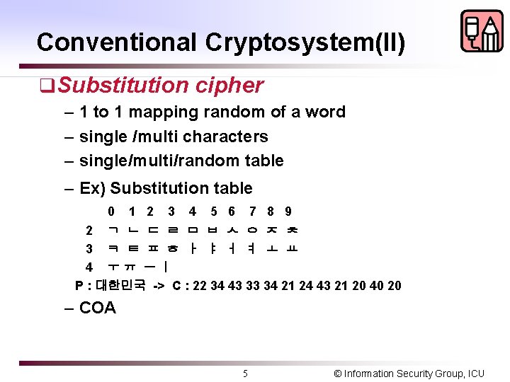 Conventional Cryptosystem(II) q. Substitution cipher – 1 to 1 mapping random of a word