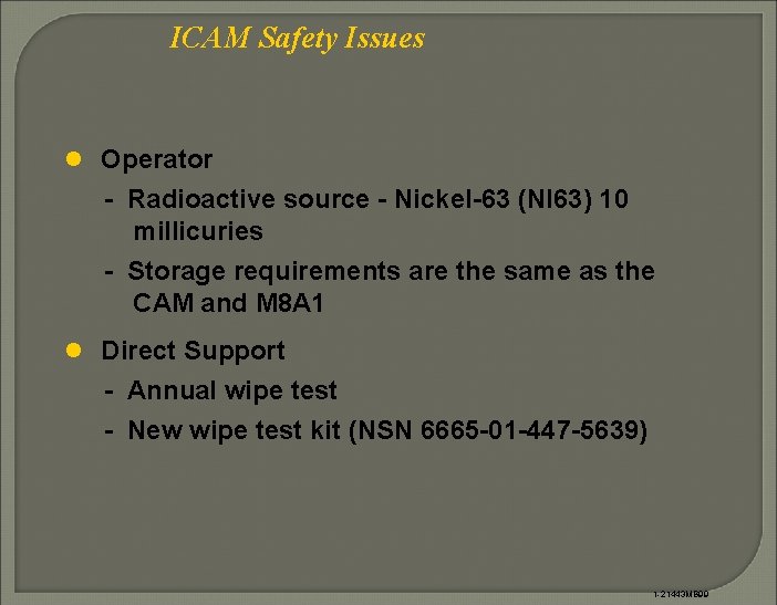 ICAM Safety Issues l Operator - Radioactive source - Nickel-63 (NI 63) 10 millicuries