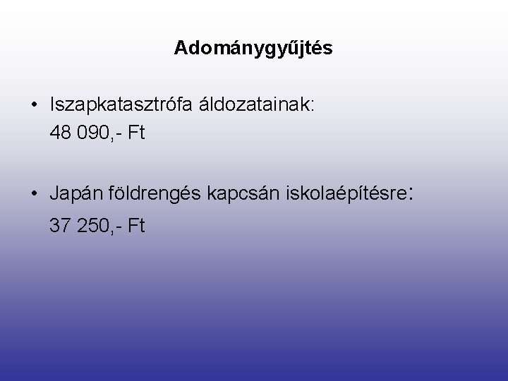 Adománygyűjtés • Iszapkatasztrófa áldozatainak: 48 090, - Ft • Japán földrengés kapcsán iskolaépítésre: 37