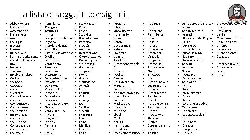 La lista di soggetti consigliati: • Abbandonare l’autoaiuto • Accettazione • L’età adulta •