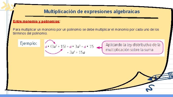 Multiplicación de expresiones algebraicas Entre monomio y polinomios: Para multiplicar un monomio por un