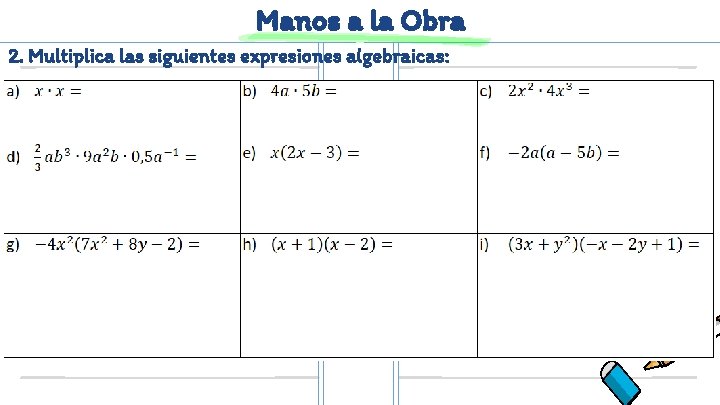 Manos a la Obra 2. Multiplica las siguientes expresiones algebraicas: 