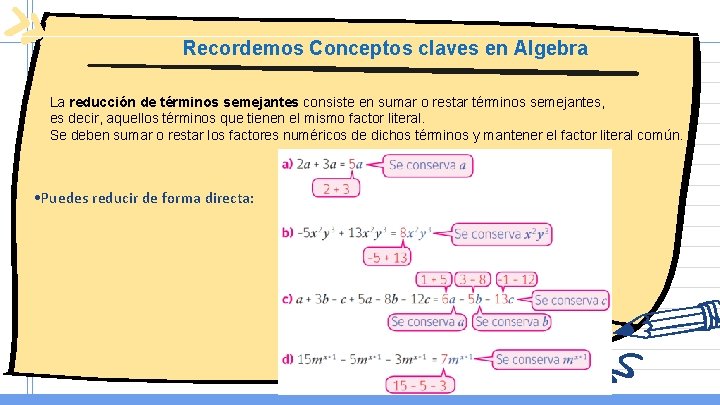 Recordemos Conceptos claves en Algebra La reducción de términos semejantes consiste en sumar o