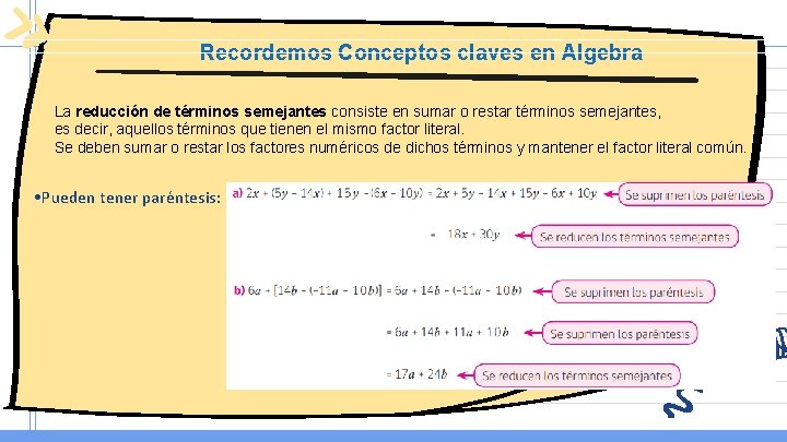 Recordemos Conceptos claves en Algebra La reducción de términos semejantes consiste en sumar o