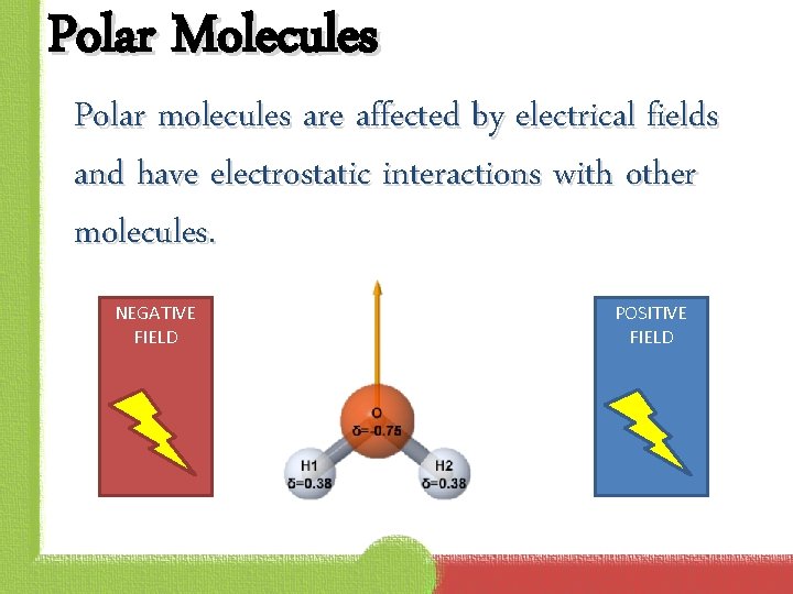 Polar Molecules Polar molecules are affected by electrical fields and have electrostatic interactions with