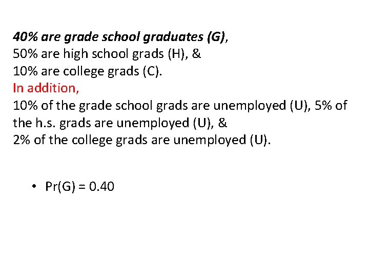 40% are grade school graduates (G), 50% are high school grads (H), & 10%
