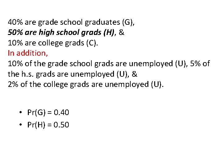40% are grade school graduates (G), 50% are high school grads (H), & 10%