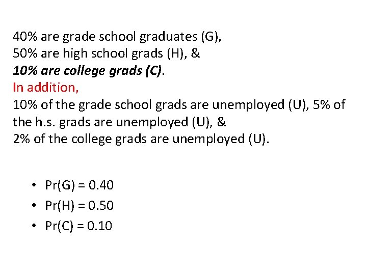 40% are grade school graduates (G), 50% are high school grads (H), & 10%
