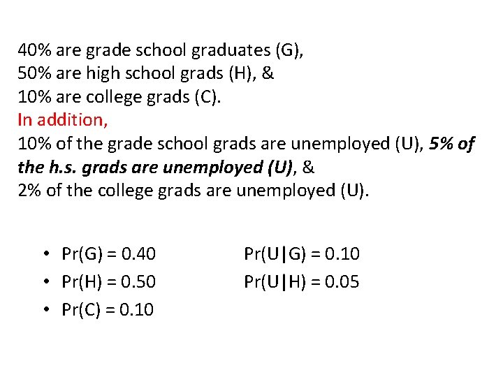 40% are grade school graduates (G), 50% are high school grads (H), & 10%