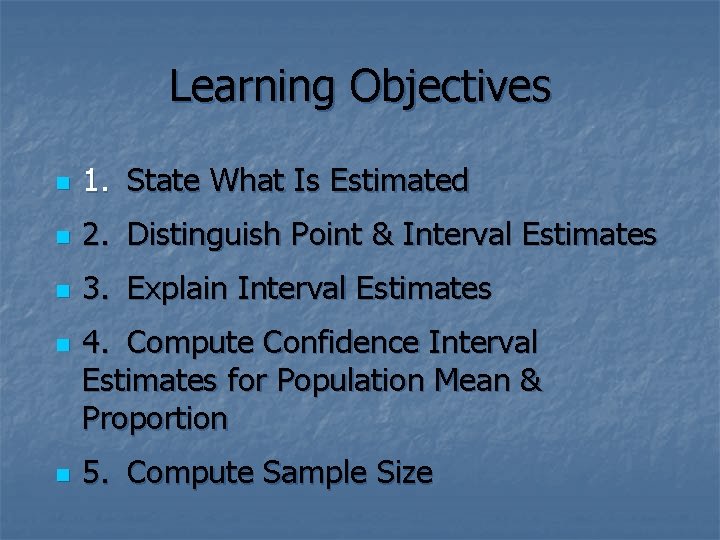 Learning Objectives n 1. State What Is Estimated n 2. Distinguish Point & Interval