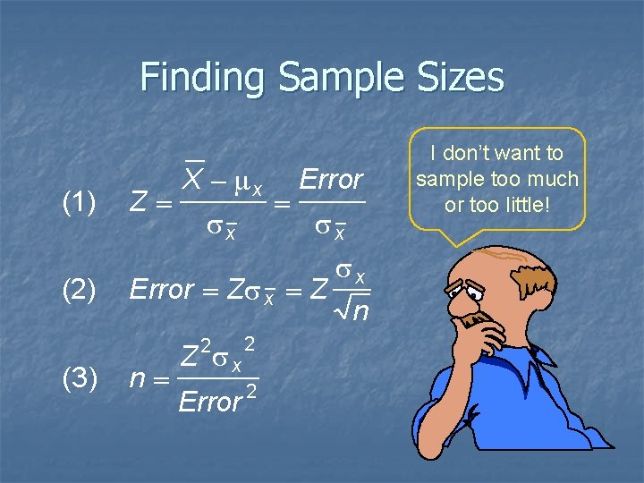 Finding Sample Sizes (1) (2) Z= X - mx sx sx Error = Zs